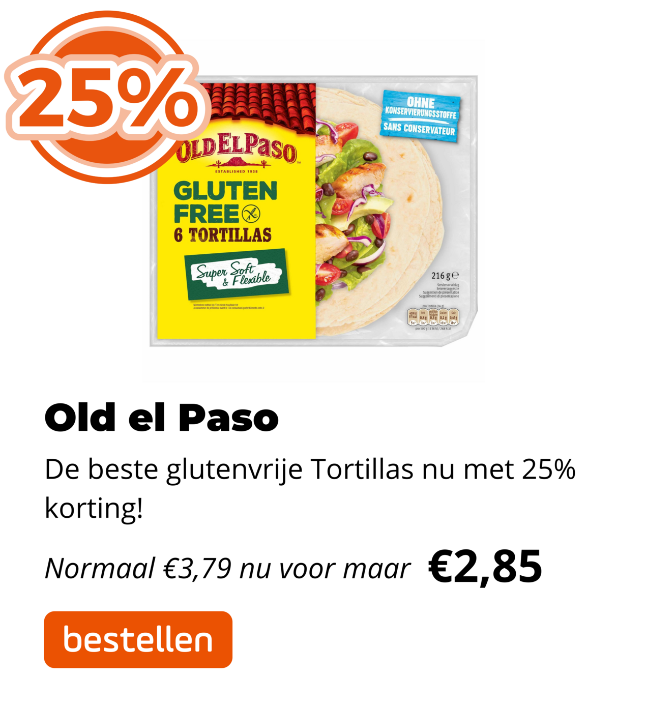 25% korting op tortilla's Old el Paso